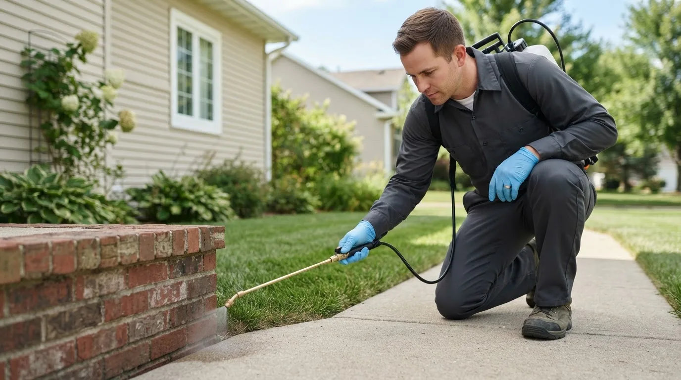 Pest control technician treating a home near Strong, ME