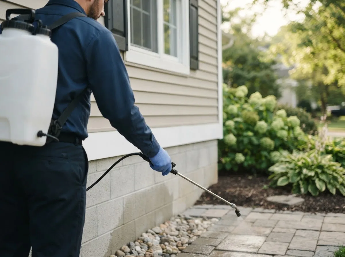 Pest control technician inspecting a home in Strong, ME